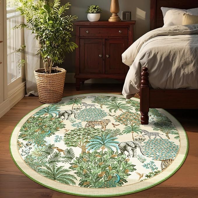 GarveeHome Jungle Round Washable Rugs 4ft Non-Slip Soft Round Rug for Kids Room, Forest Animal Print Tiger Circle Carpet for Bedroom Entryway Playroom Nursery, Beige