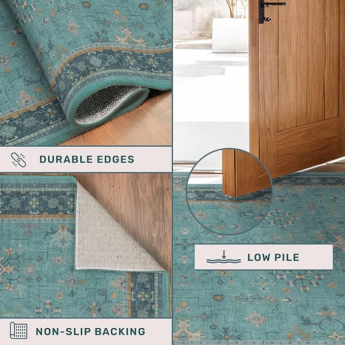 Teal 7x10 Large Rug for Living Room, Washable Soft Area Rugs for Bedroom Under Bed, Dining Room, Floral Pattern Vintage Turquoise Décor Indoor, Non Slip Low Pile & Soft Carpet