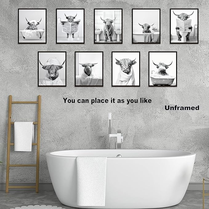 SEHSUVC Funny Bathroom Cow Posters Wall Art Set of 9, Vintage Black and White Highland Cow Canvas Wall Decor Painting, Humor Animals Pictures Prints for Bedroom Bathroom Childrenroom 8x10In Unframed