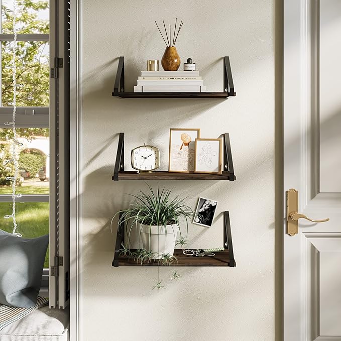 BAMEOS Floating Shelves Rustic Wood Wall Shelf, Small Bookshelf for Living Room, Office, Bedroom, with Metal Bracket