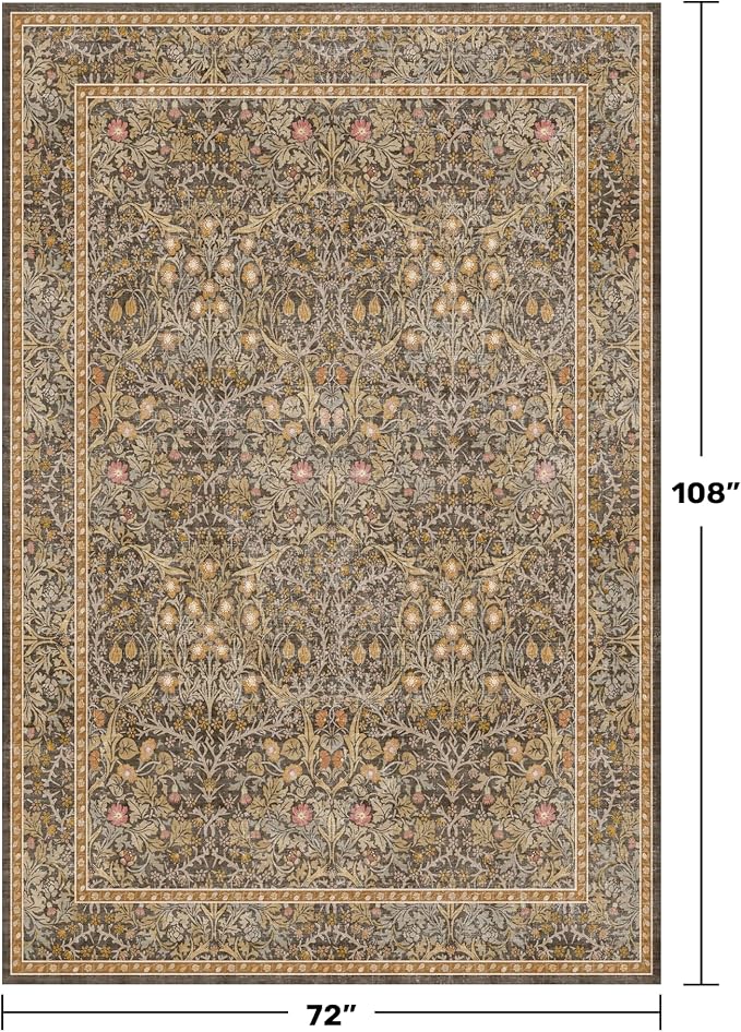 Washable Living Room Rug 6x9 - Brown Oriental Area Rug for Bedroom, Dining Room Rug for Under Table, Low Pile Non-Slip Floor Carpet for Home Office, Study Room - Vintage Design & Stain Resistance