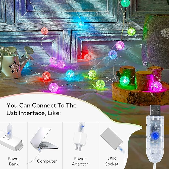 Globe String Lights for Bedroom,Crystal Crackle Small Ball Lights for Classroom,17 Vibrant Color 10FT 30 LED USB Operated with Remote Fairy Light for Indoor,Outdoor,Wedding,Christmas,Party,RGB