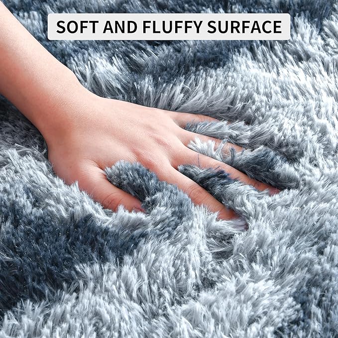 Tepook Fluffy Large Rugs for Living Room, 8x10 Area Rugs for Bedroom, Modern Shag Rug Fuzzy Carpets for Kids Boys Girls, Plush Indoor Nursery Home Decor Rug with Non-Slip Bottom, Tie-dye Dark Blue