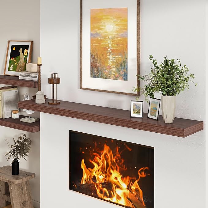 FLYJOE 72 Inch Walnut Floating Shelf | 12 Inch Deep Floating Shelves Set of 1 | 72" D x 12" D Rustic Wood Shelves for Wall | Deep Walnut Shelves for Living Room Bathroom Laundry Room Kitchen