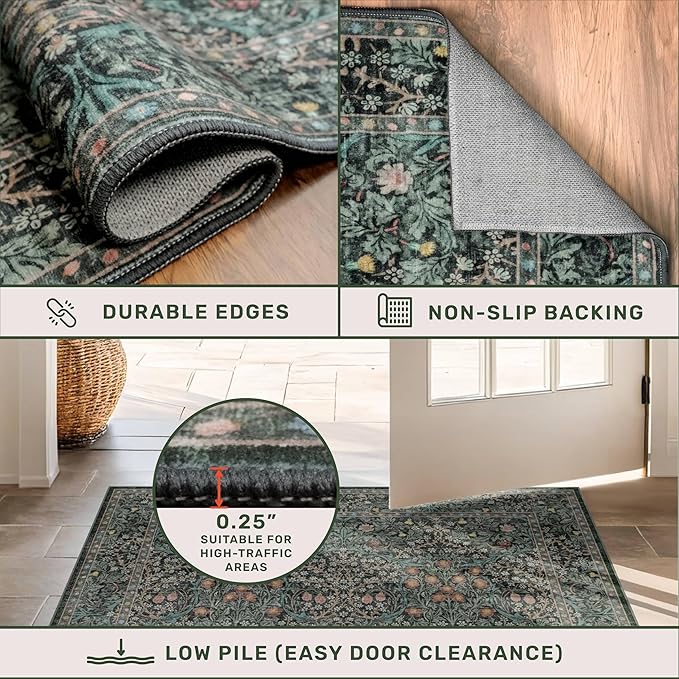 Dark Green 2x8 Runners for Hallways, 8ft Long Floor Runner for Kitchen, Entryway Indoor, Washable Non Skid Rubber Backing Stain Resistant - Vintage Floral Décor