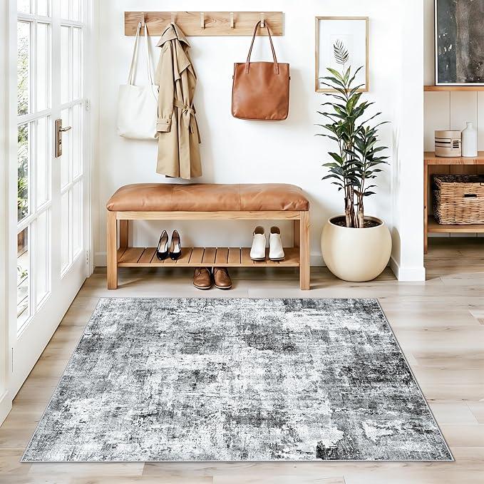 3x4 Washable Entryway Area Rug - Non-Slip Modern Small Indoor Mat for Bathroom,Living Room,Bedroom - Abstract Neutral Soft Low-Pile Throw Carpet with Rubber Backing（Grey）