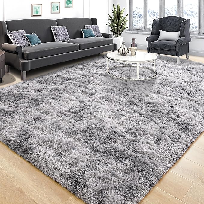 Tepook Fluffy Large Rugs for Living Room, 8x10 Area Rugs for Bedroom, Modern Shag Fuzzy Carpets for Kids Boys Girls, Plush Indoor Nursery Home Decor Rug with Non-Slip Bottom, Tie-dye Light Grey