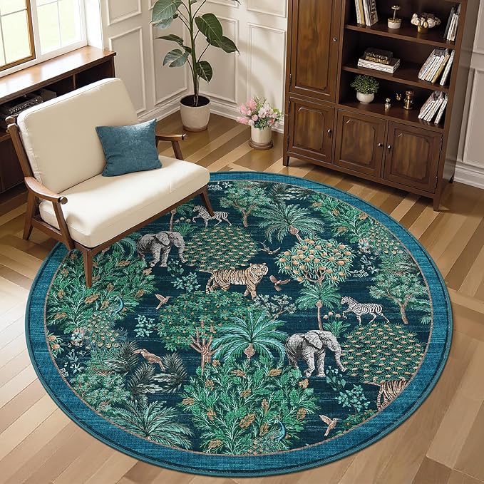 GarveeHome Jungle Round Washable Rugs 4ft Non-Slip Soft Round Rug for Kids Room, Forest Animal Print Tiger Circle Carpet for Bedroom Entryway Playroom Nursery, Blue