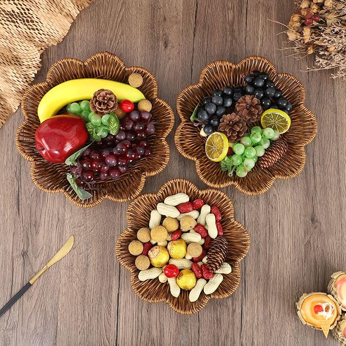 2 Pack Natural Rattan Flower Shaped Storage Bowl 11" Hand Woven Basket Tray for Bread Fruit Key Round Kitchen Entryway Tabletop Decorative