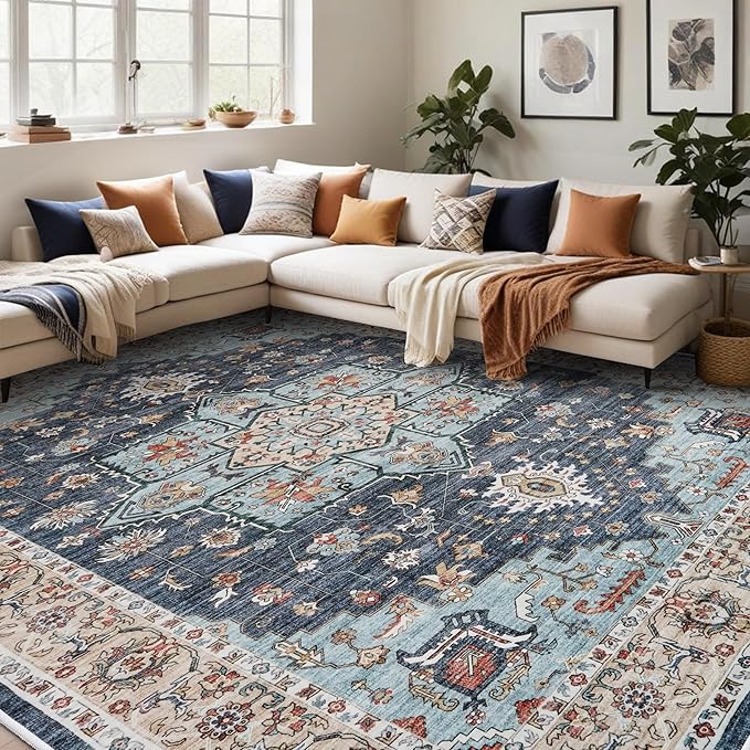 TOPRUUG Washable Oriental Area Rug - 12x15 Rugs for Living Room Soft Carpet for Bedroom Waterproof Floral Distressed Indoor Stain Resistant Non-Shedding Floor Carpets (Blue/Teal/Orange, 12x15)