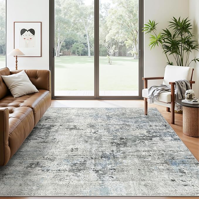 Soalmost Abstract Rug 5x7 Machine Washable Area Indoor Grey Low Pile Non-Slip Foldable Thin Accent Rugs for Bedroom Living Room Dining Room