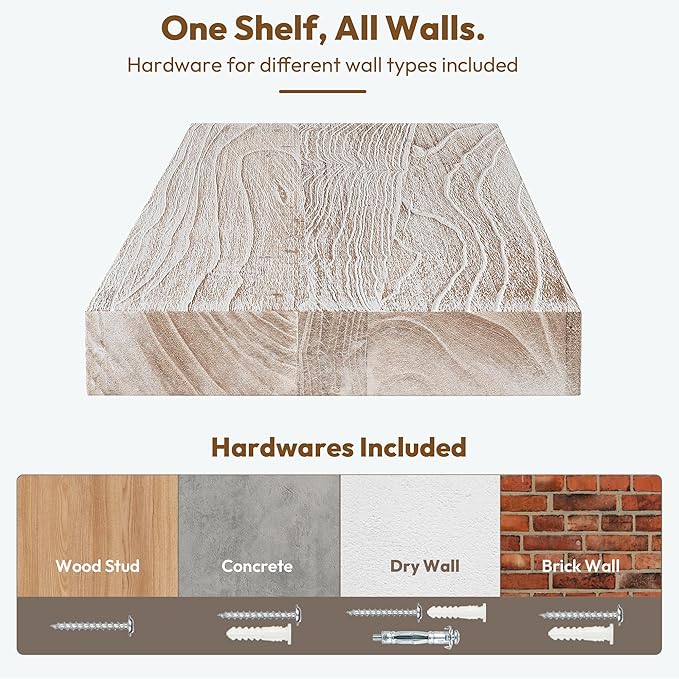 Vivelove Elm Floating Shelves for Wall Solid Wood, 24 Inches Long Rustic Wall Shelf with Invisible Bracket for Living Room Bedroom Bathroom Office, Farmhouse Display Shelf, Set of 2 - Weathered White