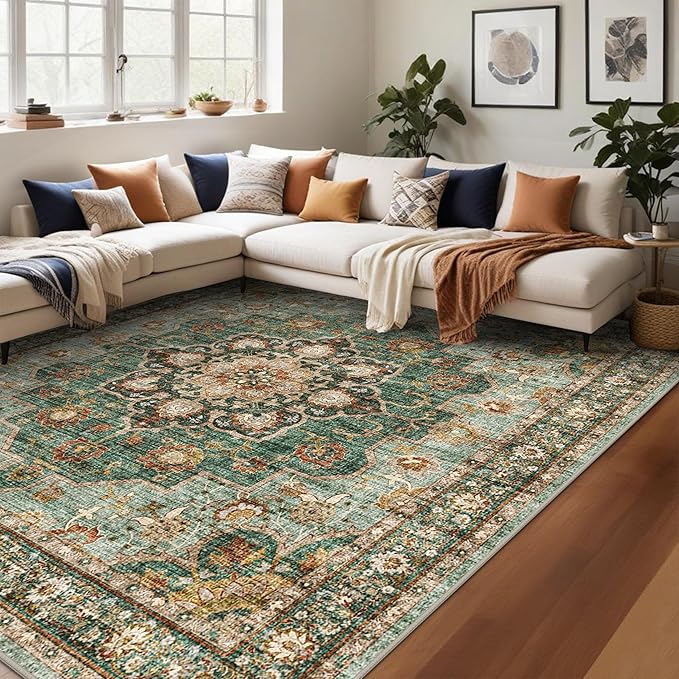 TOPRUUG Washable Oriental Area Rug - 12x12 Rugs for Living Room Soft Carpet for Bedroom Waterproof Floral Distressed Indoor Stain Resistant Non-Shedding Floor Carpets (Green, 12x12)