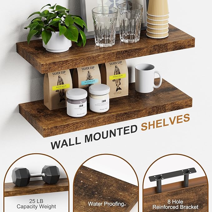 Bellsal Floating Shelves for Wall, Rustic Brown Wood Wall Shelf Set of 4, 16" Walls Mounted Floating Shelf for Kitchen, Living Room, Bedroom, Bathroom Storage, Book Shelf for Walls Home Decor