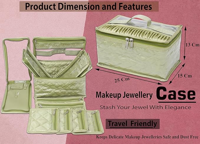 atorakushon Satin Transparent Makeup Pouches Case Cosmetic Necklace Earrings Jewellery Box Travel Organizer For Women Olive Green Set of 10