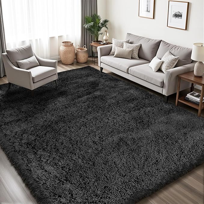Area Rug for Living Room Bedroom: 5x7 Black Soft Fluffy Shag Upgrade Non-Slip High Pile Carpet Large Fuzzy Plush Indoor Floor Decor Shaggy Rug for Kid Boys Girls Dorms Playroom Nursery Modern Home