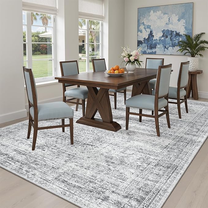 Soalmost 7x9 Area Rug for Living Room Washable Abstract Vintage Soft Thin Indoor Floor Non-Slip Carpet for Bedroom Dining Room Grey
