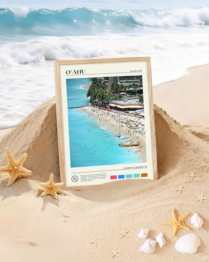 HesenDot Natural OAK Wood Oahu Hawaii Framed Wall Art,12x16in Tropical Beach Canvas Wall Print, Modern Coastal Ocean Wall Decor for Living Room Bedroom Office Gallery, Set of 1