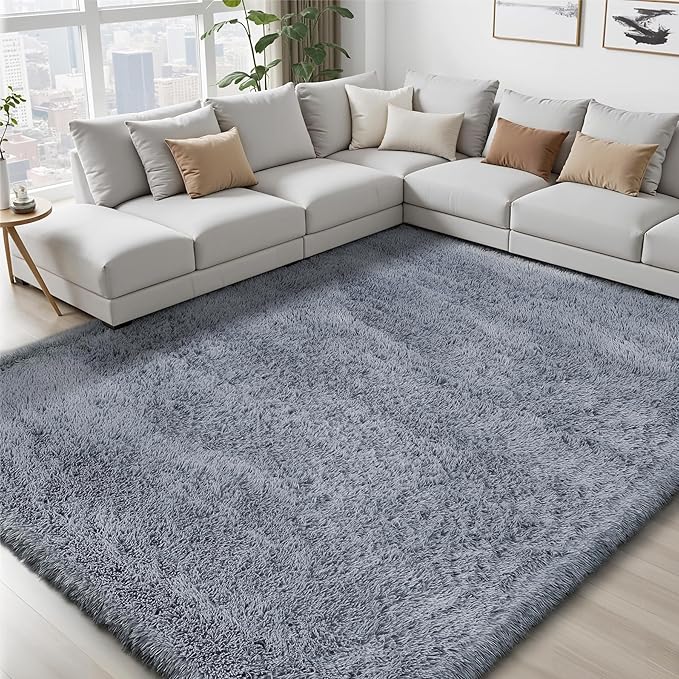 Area Rug for Living Room Bedroom: 9x12 Grey Soft Fluffy Shag Upgrade Non-Slip High Pile Carpet Large Fuzzy Plush Indoor Floor Decor Shaggy Rug for Kid Boys Girls Dorms Playroom Nursery Modern Home