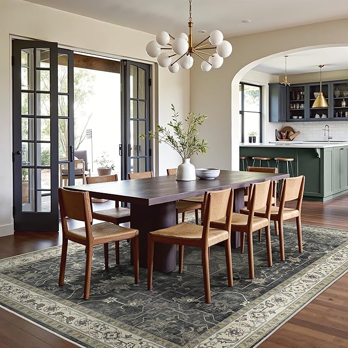 GENIMO 8x10 Area Rugs for Living Room, Machine Washable Rug, Non Slip Indoor Vintage Rug, Low Pile Lightweight Chenille Print Carpet for Bedroom Dining Room Home Office, Muted Charcoal Beige