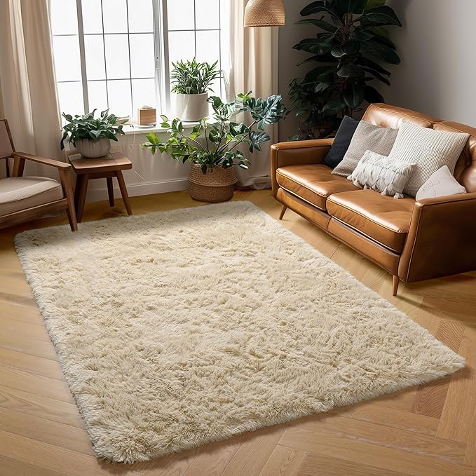 Amdrebio Beige Area Rugs for Bedroom Kids Room Decor, Fluffy Plush Shaggy Furry Fuzzy Small Rug 3x5 for Home Office Preppy Dorm, Soft Cute Shag Neutral Tan Carpet for Teens Baby Nursery Playroom