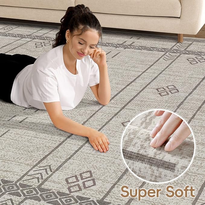 cotiled 6x9 Area Rug Living Room: Washable Boho Rugs with Non Slip Backing Large Soft Indoor Stain Resistant Carpet for Bedroom Farmhouse Dining Room Lightweight Home Decor Grey Brown