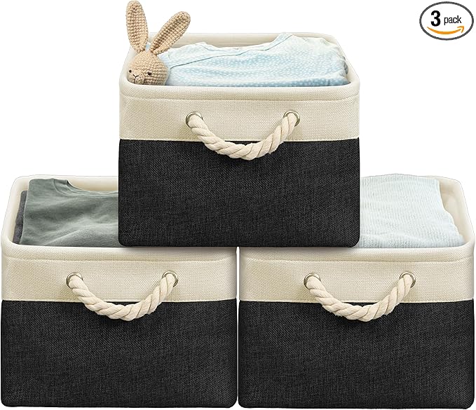 Simple Houseware 15.7" x 12" Wide & Low Fabric Storage Bin for Shallow Gaps and Closet, Braided Handles, 3 Pack, Black