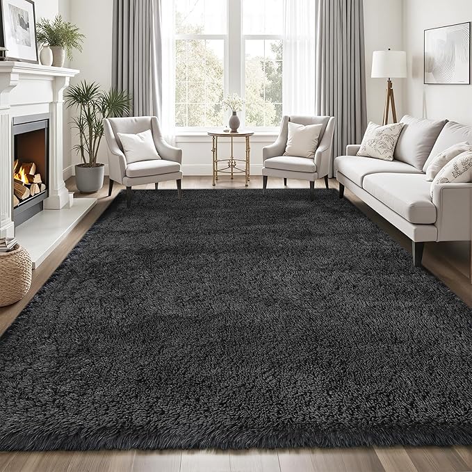 Area Rug for Living Room Bedroom: 9x12 Black Soft Fluffy Shag Upgrade Non-Slip High Pile Carpet Large Fuzzy Plush Indoor Floor Decor Shaggy Rug for Kid Boys Girls Dorms Playroom Nursery Modern Home