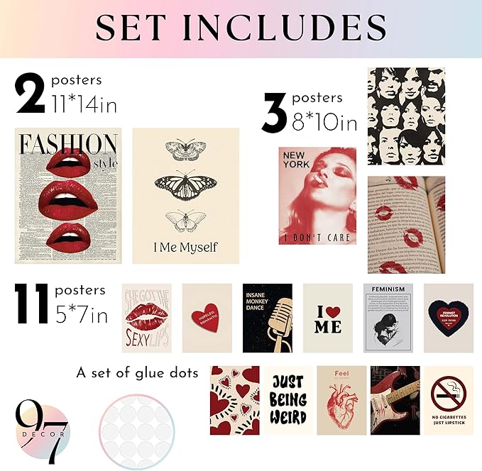97 Decor Retro Downtown Girl Room Decor - Cute Y2k Room Decor 2000s Prints, Y2k Posters For Room Aesthetic Pictures, Vintage Red Wall Art For Teen Girls College Dorm Decorations (11x14 Unframed)
