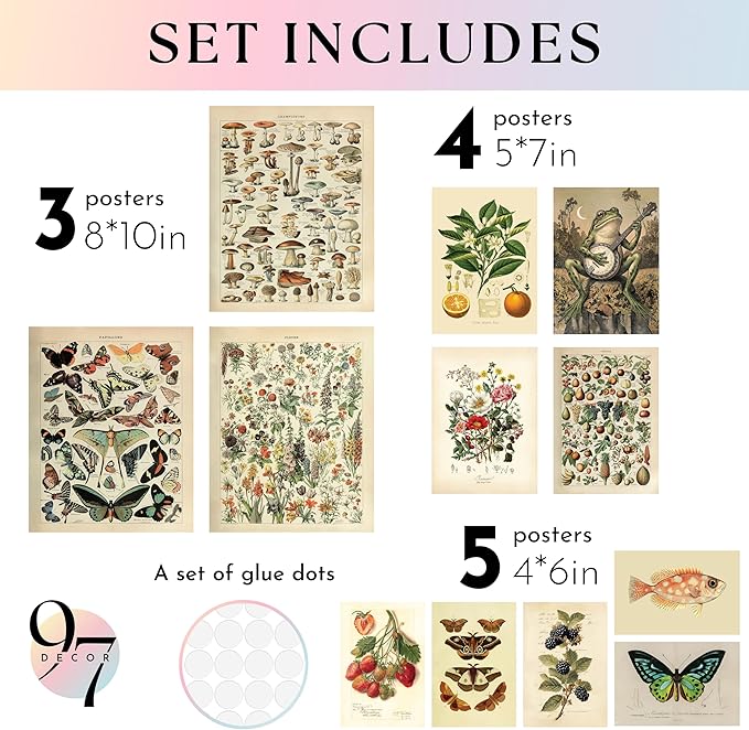97 Decor 12 Pcs Cottagecore Wall Art Set - Vintage Posters For Room Aesthetic, Botanical Gallery Wall Prints For Bedroom, Cottage Core Room Decor For Home, Dorm, Living Room (Unframed)
