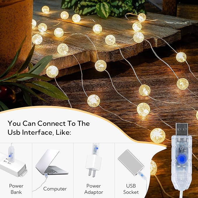 Globe String Lights,10FT 30 LED Decorative Christmas Lights,8 Modes Crystal Crackle Ball Lights,USB Twinkle Fairy Lights for Bedroom,Indoor,Outdoor,Classroom,Wedding,Party,Garden,Warm White