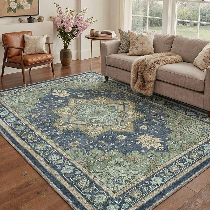 GENIMO 5x7 Area Rugs for Living Room, Machine Washable Rug, Non Slip Indoor Vintage Carpet, Low Pile Lightweight Chenille Print Carpet for Bedroom Dining Room Home Office, Green & Navy