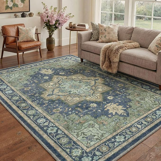 GENIMO 5x7 Area Rugs for Living Room, Machine Washable Rug, Non Slip Indoor Vintage Carpet, Low Pile Lightweight Chenille Print Carpet for Bedroom Dining Room Home Office, Green & Navy