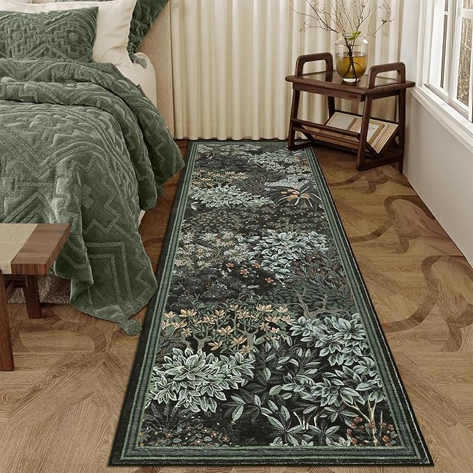 GarveeHome Forest Runner Rug, Black Green Washable Runner Rug 2x6 for Kitchen, Botanical Low Pile Non Slip Stain Resistance Woodland Hallway Rug for Entryway Bedroom Laundry Room