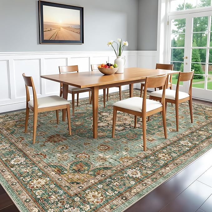 TOPRUUG Washable Oriental Area Rug - 7x10 Rugs for Living Room Soft Carpet for Bedroom Waterproof Floral Distressed Indoor Stain Resistant Non-Shedding Floor Carpets (Green, 7x10)