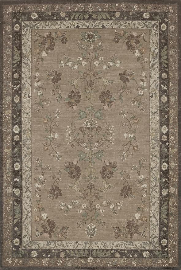 GENIMO 5x7 Area Rugs for Living Room, Machine Washable Non Slip Vintage Rugs, Low Pile Lightweight Chenille Print Rug for Bedroom, Dining Room, Home Office, Dusty Brown