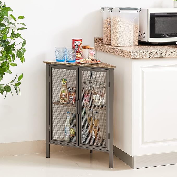 VECELO Corner Cabinet/Table, 3-Tier Display Shelves with Protection Door, Metal Frame Storage Shelf Organizer for Small Space, Living Room, Kitchen, Bathroom