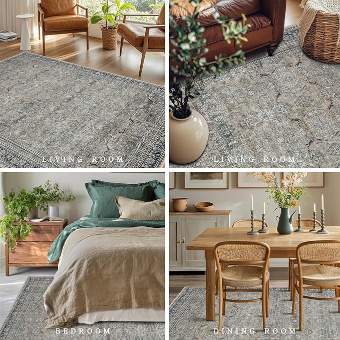 Srugn Washable Rugs 8x10 Area Rugs for Living Room,Rugs for Bedroom,Large Carpets,Ultra Soft Faux Wool Retro Dining Room Rug,Non Slip&Non-Shedding Low Pile Vintage Print Rug for Home Office,Green