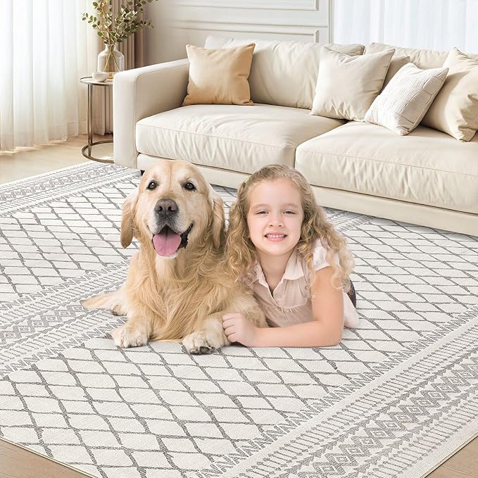 cotiled 9x12 Area Rug Living Room: Washable Boho Rugs with Non Slip Backing Large Soft Indoor Stain Resistant Carpet for Bedroom Farmhouse Dining Room Lightweight Home Decor Beige/Gray