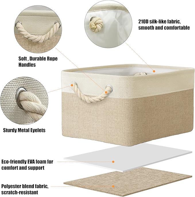 Simple Houseware 15.7" x 12" Wide & Low Fabric Storage Bin for Shallow Gaps and Closet, Braided Handles, 3 Pack, Beige