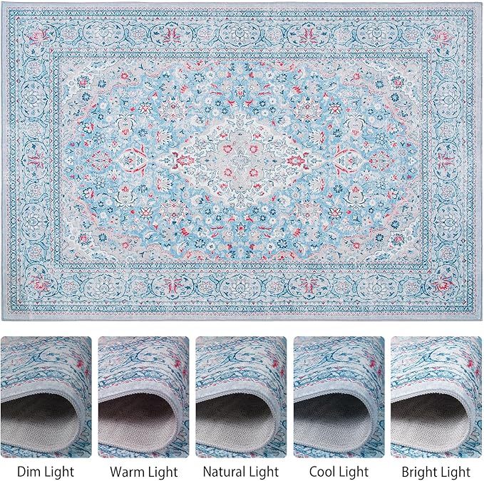 Goideal Washable Rug 6x9, Blue Area Rugs Non Slip, Indoor Low Pile Carpet with Rubber Backing for Living Room Kitchen Bathroom Entryway Office Bedroom