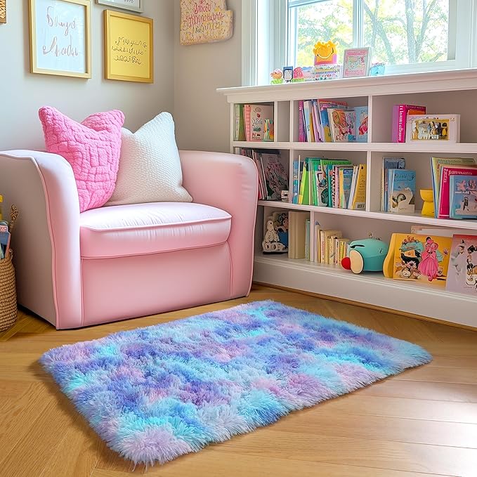 Amdrebio Purple Rainbow 2x3 Small Area Rugs for Bedroom Girls Room Decor, Colorful Mermaid Stitch Frozen Kids Rugs for Playroom Nursery Dorm, Fluffy Furry Cute Shag Kawaii Carpet for Baby Toddler