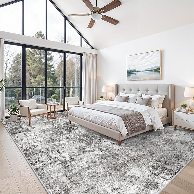 12x18 ft Extra Large Living Room Rug – Washable Modern Abstract Neutral Oversize Rugs for Bedroom,Dining Room,Family Room – Non-Slip Low-Pile Thin Stain-Resistant Carpet (Grey)