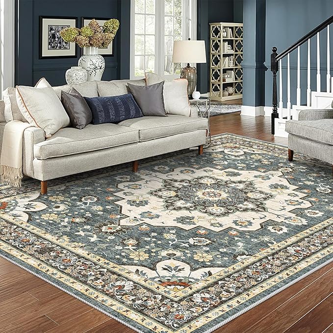 TOPRUUG Washable Oriental Area Rug - 8x10 Rugs for Living Room Soft Carpet for Bedroom Waterproof Floral Distressed Indoor Stain Resistant Non-Shedding Floor Carpets (Blue, 8x10)