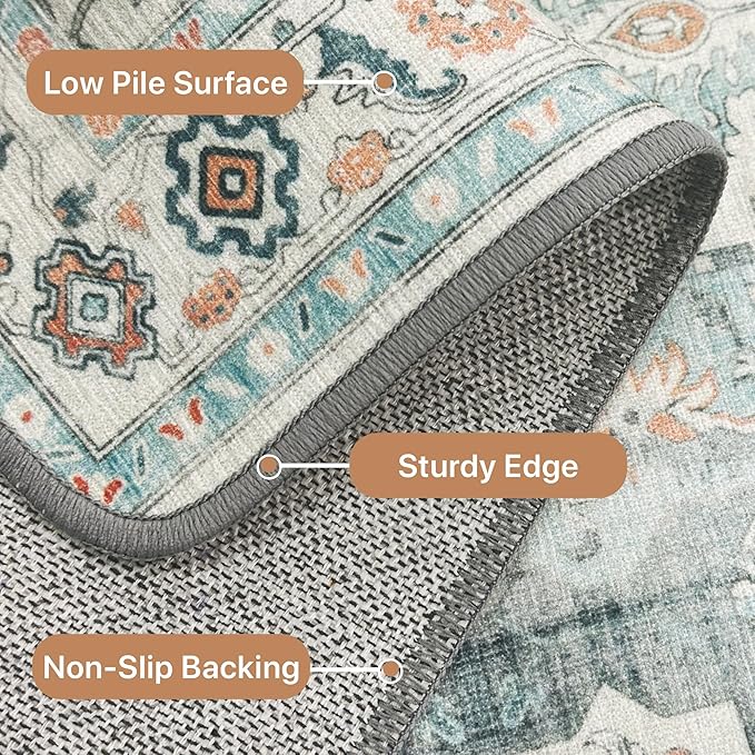 GENIMO 8x10 Area Rugs for Living Room, Machine Washable Non Slip Rugs, Low Pile Lightweight Vintage Print Rug for Bedroom, Dining Room, Home Office, Turquoise & White