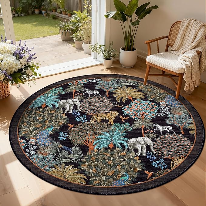 GarveeHome Jungle Round Washable Rugs 4ft Non-Slip Soft Round Rug for Kids Room, Forest Animal Print Tiger Circle Carpet for Bedroom Entryway Playroom Nursery, Black