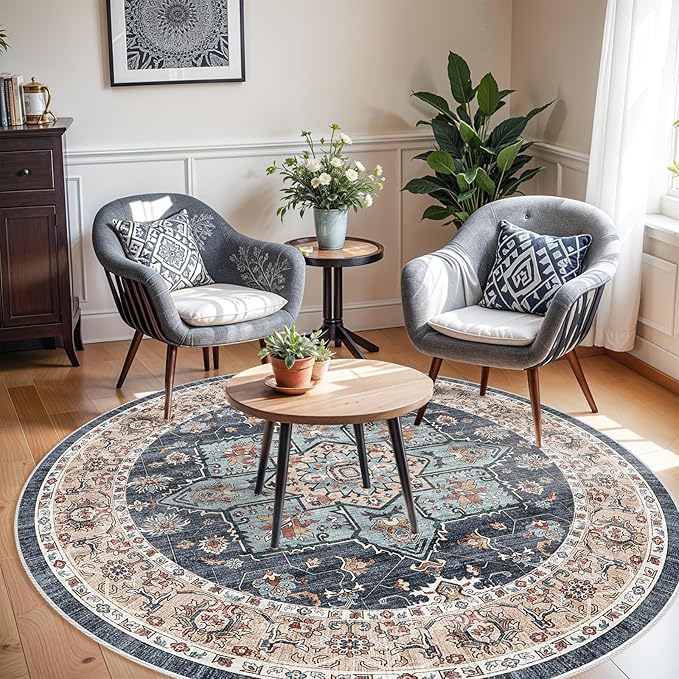 TOPRUUG Washable Oriental Area Rug - 4ft Round Rugs for Living Room Soft Carpet for Bedroom Waterproof Floral Distressed Indoor Stain Resistant Non-Shedding Floor Carpets (Blue/Teal/Orange, 4ft-Round)