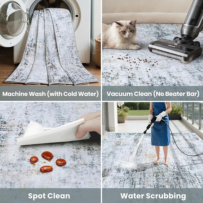 8x10 Area Rugs Washable Rug:Anti-Skid Abstract Modern Living Room Rug Soft Thin Carpets Indoor Floor Non-Shedding Carpet for Bedroom Dining Farmhouse Nursery Home Office(Blue/Grey/Gold/White, 8x10)