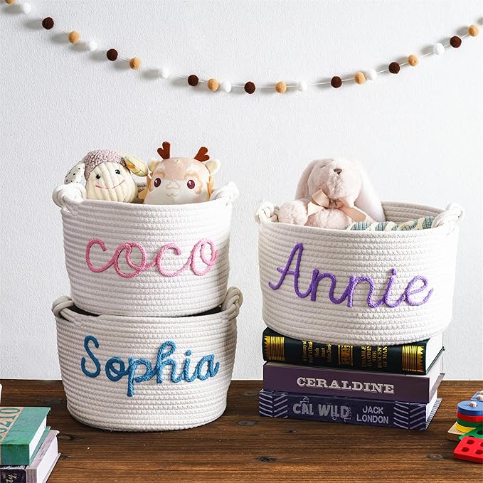 JUPPE Custom Baby Shower Basket, Personzlized Basket with Baby Name, Baby Boy Girl Storage Organizer Cotton Rope Nursery Decor Newborn Gift (style 1) (Style 5)