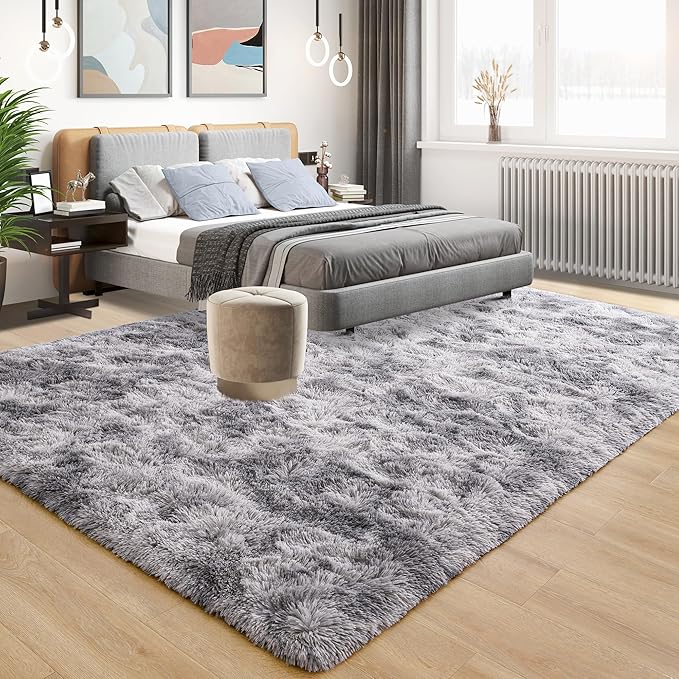 Tepook Fluffy Large Rugs for Living Room, 8x10 Area Rugs for Bedroom, Modern Shag Fuzzy Carpets for Kids Boys Girls, Plush Indoor Nursery Home Decor Rug with Non-Slip Bottom, Tie-dye Light Grey